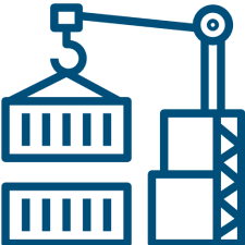 Crane lifting shipping containers icon.