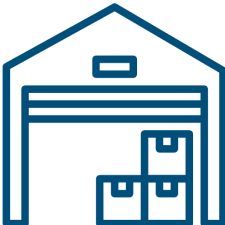 Warehouse icon with stacked boxes.