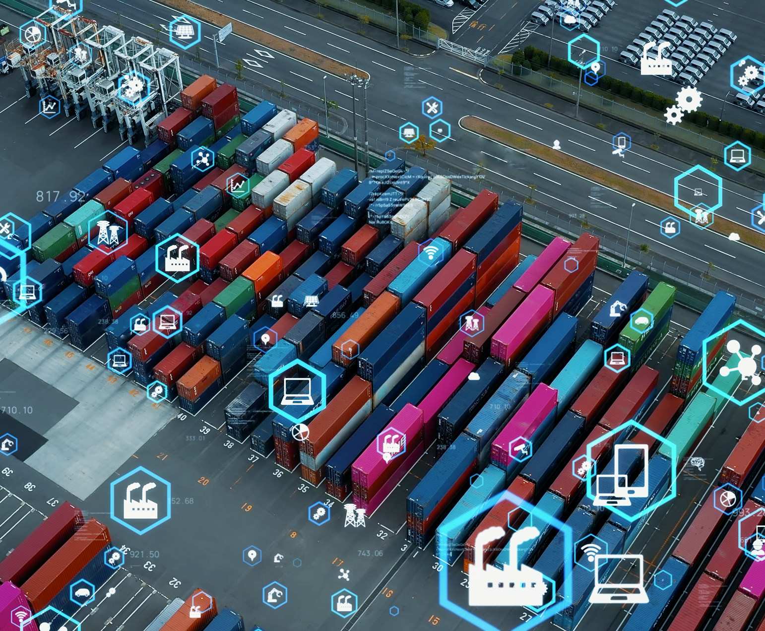 Shipping containers with digital technology icons overlay.