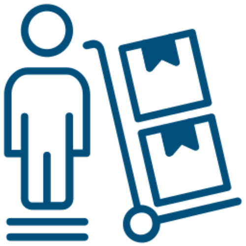 Person with hand truck and boxes icon.