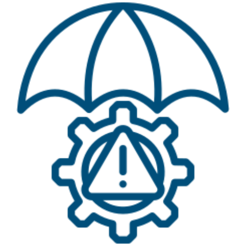 Umbrella over gear with warning symbol.